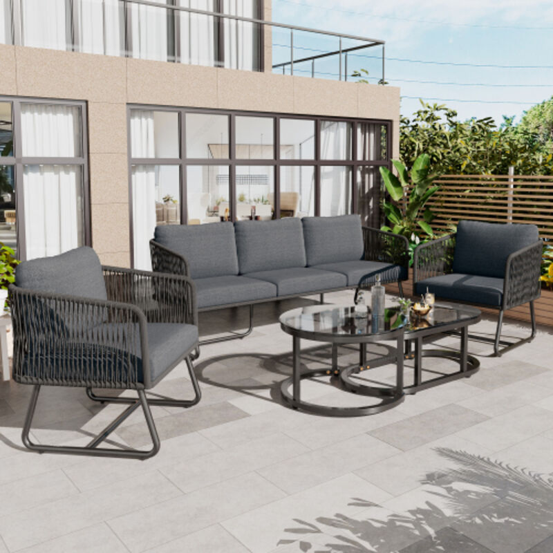 Ensemble de salon de jardin avec cadre en fer galvanisé, ensemble de meubles de jardin en corde, corde grise, pieds réglables, plateau de table en