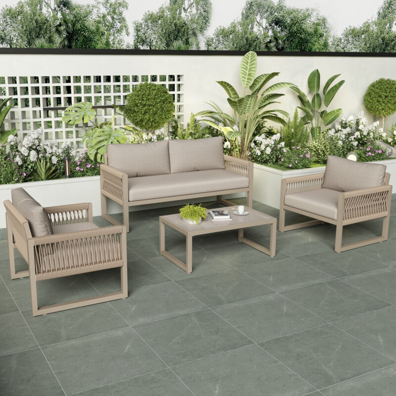 Ensemble de salon de jardin avec cadre en fer galvanisé, ensemble de meubles de jardin en corde, ensemble de salon en corde kaki avec coussin de