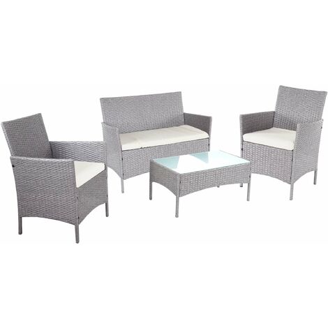 Ensemble de salon de jardin avec canapé fauteuils et table en polyrotin gris coussins crème 040000057