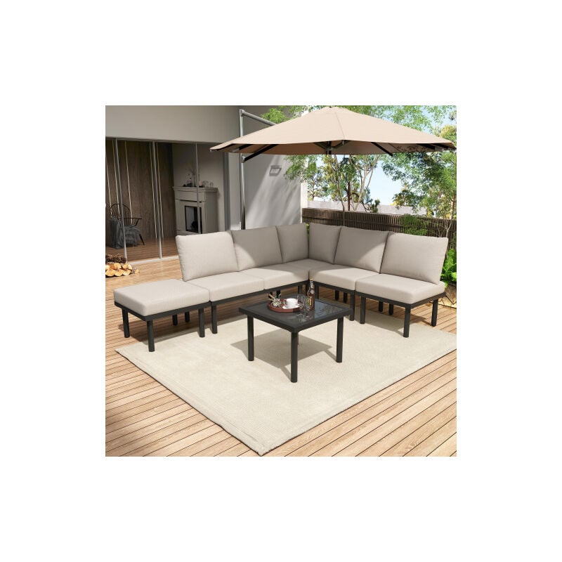 Ensemble de salon de jardin avec canapé, table et coussins, corde tressée, pieds réglables, plateau en verre lisse, beige