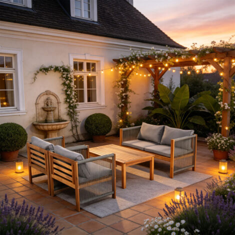Ensemble de salon de jardin, avec coussins confortables, coin salon, ensemble de mobilier de terrasse, canapé deux places, 2 fauteuils et une table, pour l'extérieur, table et chaises, aspect rotin, a