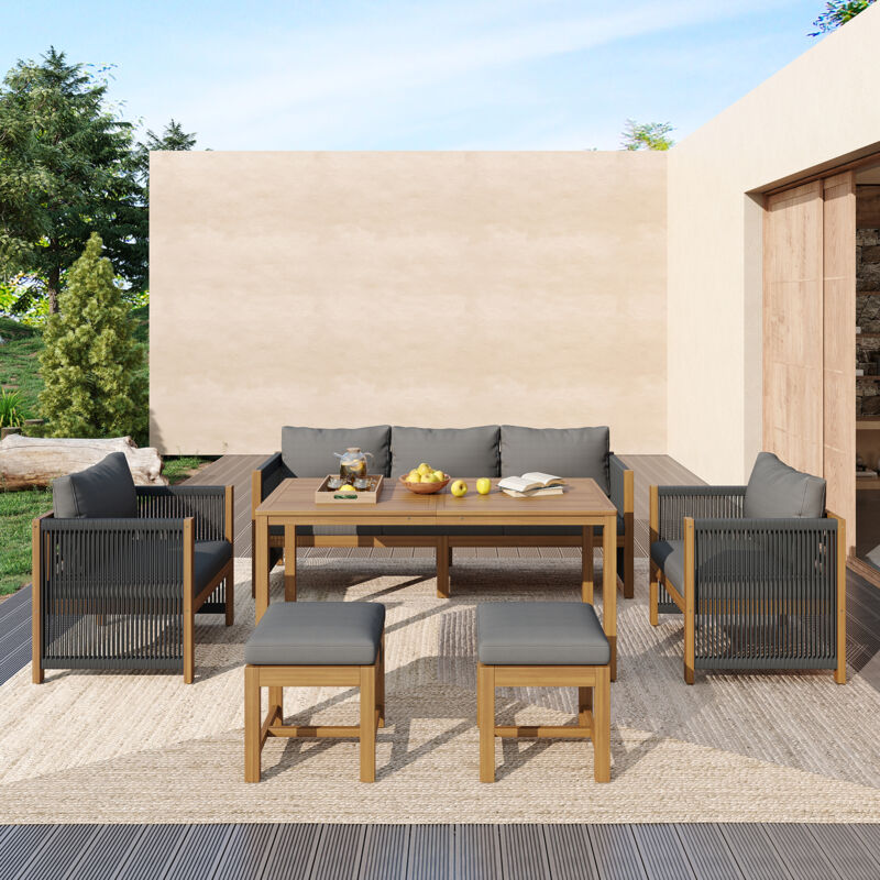 Hauss Spole - Ensemble de salon de jardin, canapé 3 places + 2 chaises simples + 2 tabourets + table en bois, adapté au jardin, couleur gris