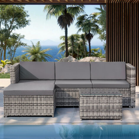 Ensemble de salon de jardin, canapé d'angle 3 places, 1 table basse avec plateau en verre, coussins, gris