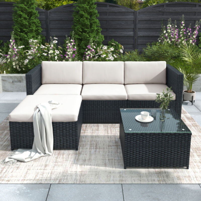 Ensemble de salon de jardin, canapé d'angle 3 places, 1 table basse avec plateau en verre, coussins, noir et blanc