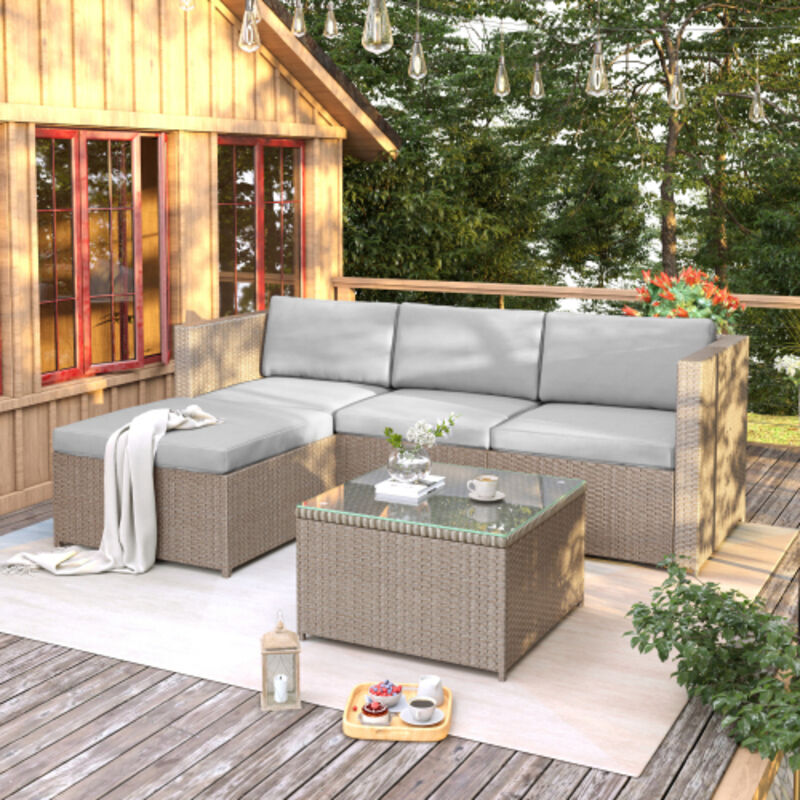 Ensemble de salon de jardin, canapé d'angle 3 places, 1 table basse avec plateau en verre, coussins, kaki