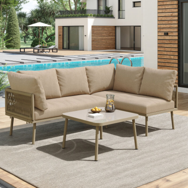 Ensemble de salon de jardin, canapé d'angle 4 places avec coussins d'assise,1 table basse, kaki