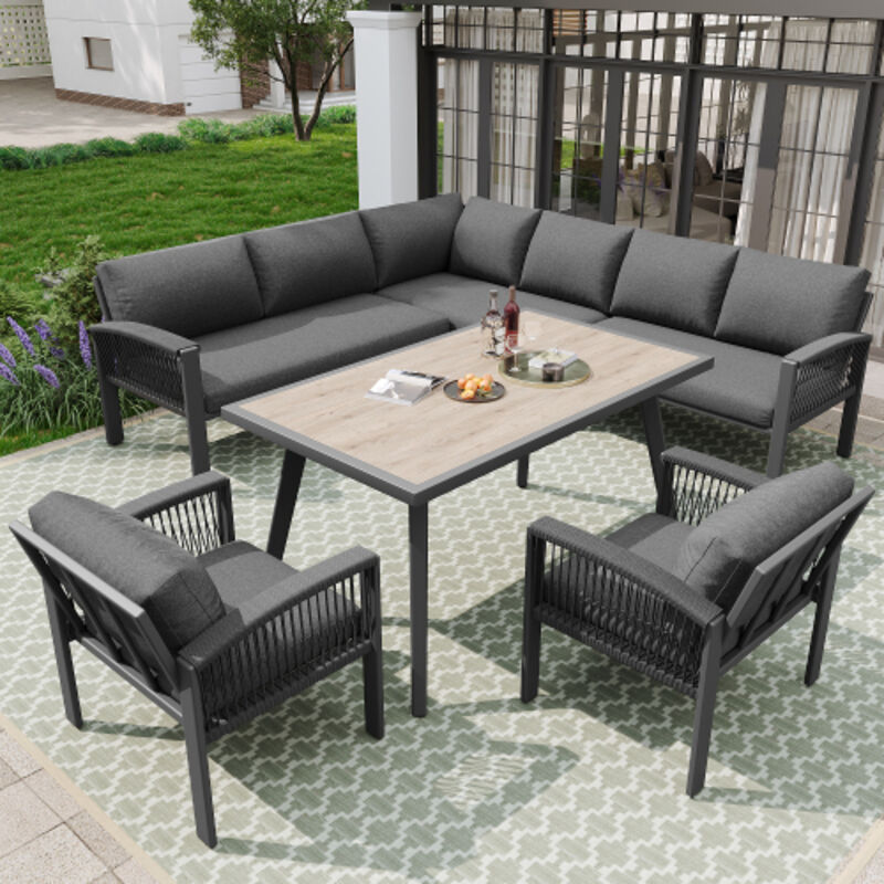 Ensemble de salon de jardin, canapé d'angle avec 1 table basse, coussins et dossier, gris