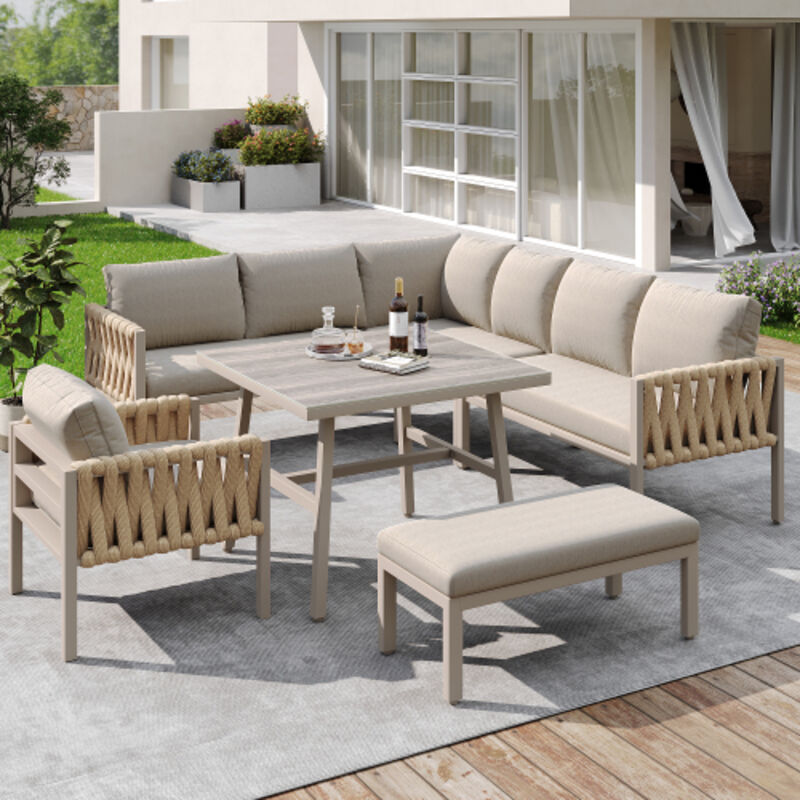 Ensemble de salon de jardin, canapé d'angle avec 1 table, plateau de table en verre, coussins et dossier, beige