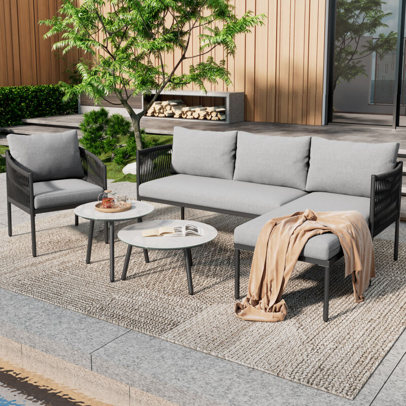 Ensemble de salon de jardin, canapé d'angle + fauteuil+ 2 tables basses, tube en acier galvanisé, plateau en verre laqué marbre, gris