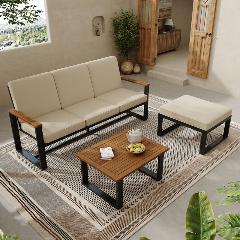 Ensemble de salon de jardin, canapé d'angle + table basse + repose-pieds, tube en acier galvanisé, plateau en bois, beige + noir