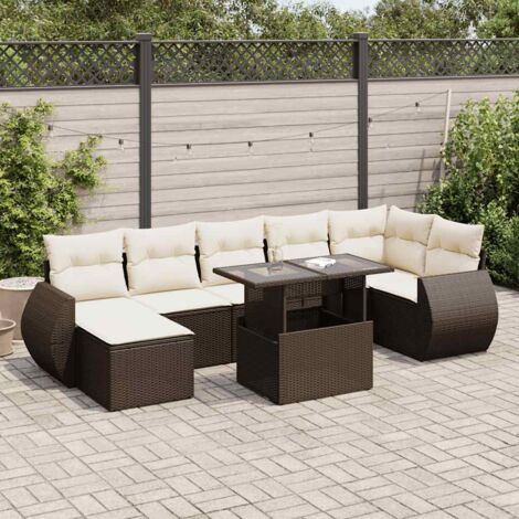 [Ensemble de salon de jardin] + Canapé en résine tressée marron 8 places avec table et coussins crème amovibles