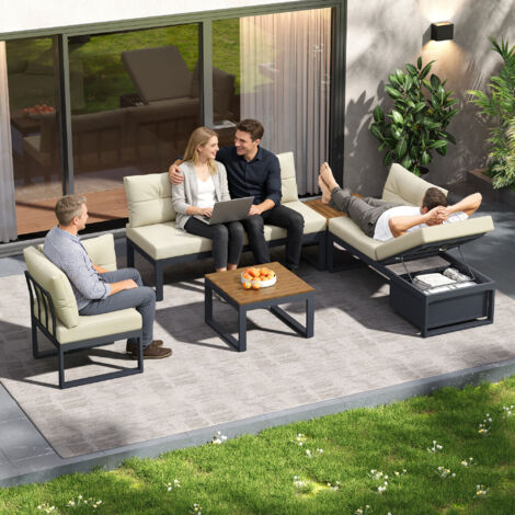 Ensemble de salon de jardin canapé modulable avec table basse et coffre de rangement polyester beige