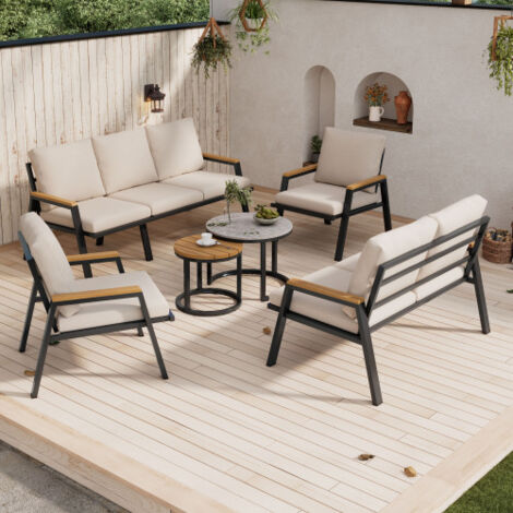 Ensemble de salon de jardin, comprenant des meubles de jardin avec des coussins confortables, composé d'un canapé 3 places, d'un canapé 2 places, de deux fauteuils et de deux tables basses
