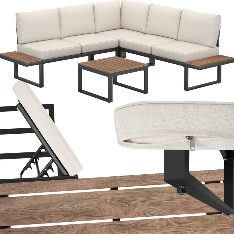 Ensemble de salon de jardin avec cadre en aluminium laqué époxy surfaces de rangement en aspect bois, accoudoir d'angle réglable