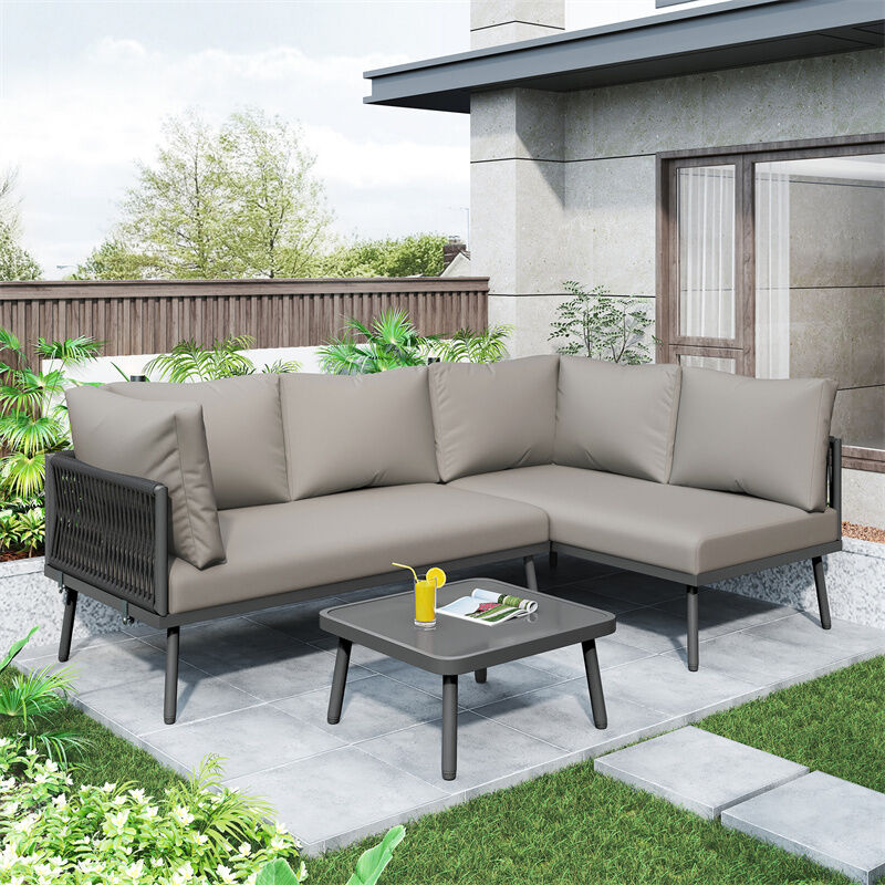 Ensemble de salon de jardin en fer, canapé en forme de l, avec coussin de siège, pieds réglables, 2 canapés et 1 table, gris