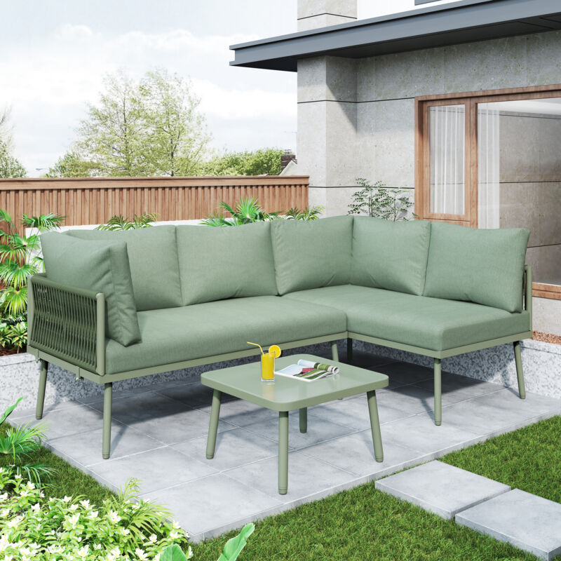 Ensemble de salon de jardin en fer, meubles de jardin en forme de l, avec coussin de siège, 2 canapés et 1 table, en corde verte