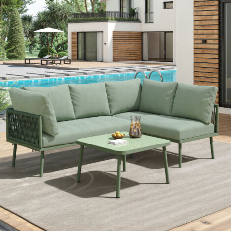 Ensemble de salon de jardin en fer pour 2-4 personnes, ensemble de salon de jardin en forme de L, ensemble de chaises longues avec coussin d'assise et dossier, pieds réglables, 2 canapés et 1 table, V