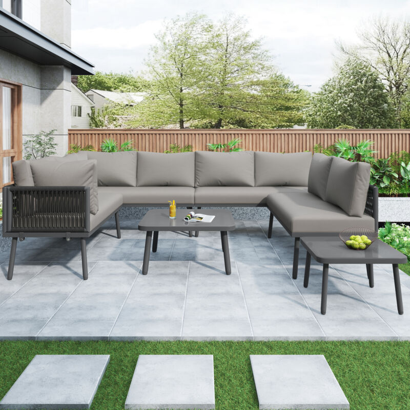 Ensemble de Salon de Jardin en Forme U pour 8 Personnes,Canapé d'Angle Extérieur Résistant aux Intempéries avec 2 Tables,Gris