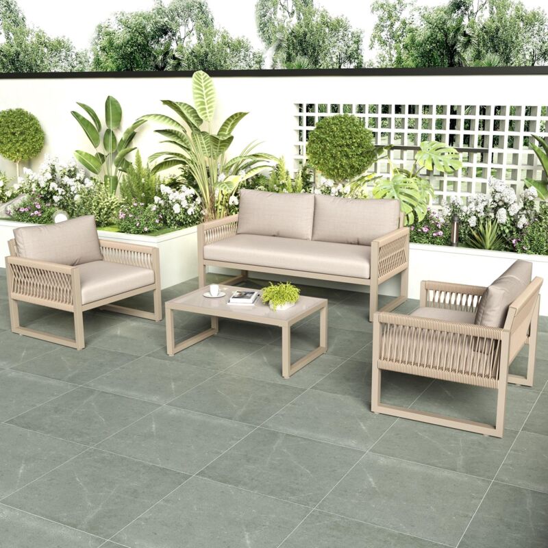 Salon de jardin, 4 places - en métal - avec canapé 2 places, 2 chaises, table, coussins - en corde de chanvre - kaki