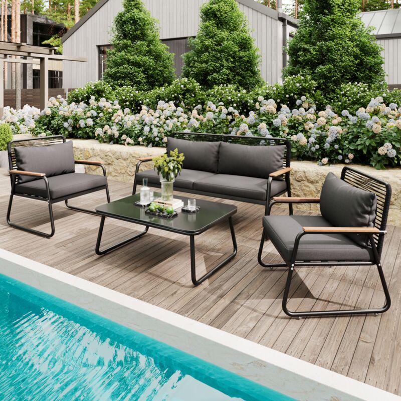 Ensemble de salon de jardin en métal, Ensemble canapé-table pour 4 personnes, plateau de table en verre trempé + pieds réglables, Noir
