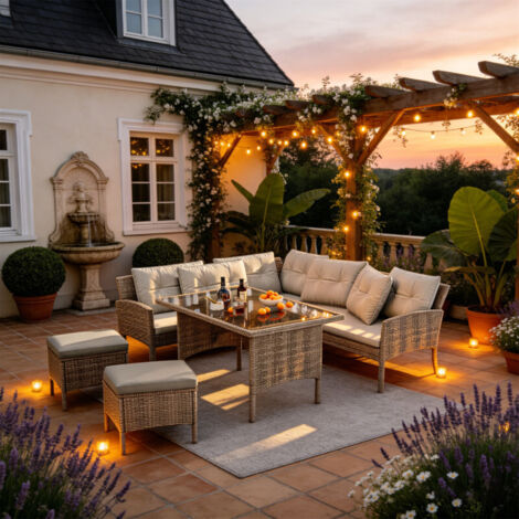 Ensemble de salon de jardin en polyrotin : table à manger, salon de jardin, ensemble de mobilier de jardin, ensemble de jardin, salon de jardin pour 7 personnes, housses en tissu amovibles et lavables