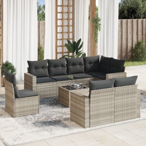 Ensemble de salon de jardin en résine tressée avec coussins gris clair - 9 pièces - Table, fauteuils et canapés modulables