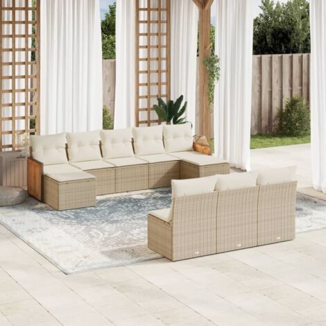 Ensemble de salon de jardin en résine tressée beige 10 places avec coussins et rangement