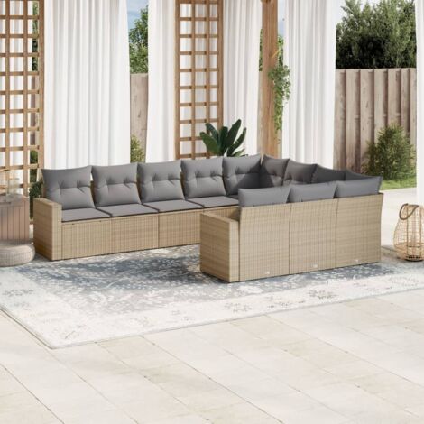 Ensemble de salon de jardin en résine tressée beige 10 places avec coussins gris, modulaire, rangement intégré