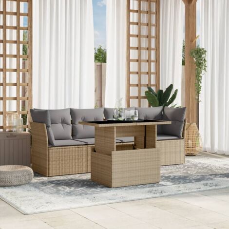 Ensemble de Salon de Jardin en Résine Tressée Beige 5 Places, Table Modulable avec Coussins Amovibles et Lavables
