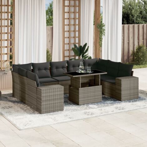 Ensemble de salon de jardin en résine tressée gris 10 places avec coussins et table ajustable