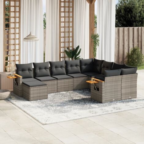 Ensemble de salon de jardin en résine tressée gris, 10 places, avec table et coussins amovibles, modulaire, rangement inclus
