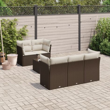 Ensemble de salon de jardin en résine tressée marron 6 places avec table et coussins amovibles