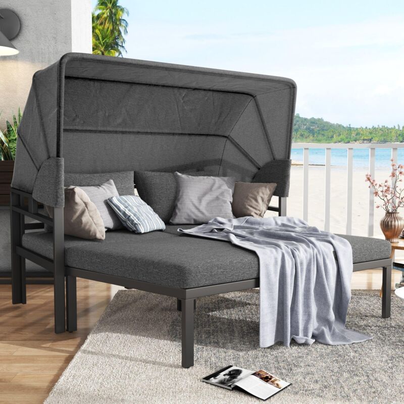 Salon de jardin, 4 places - en polyrotin - canapé-lit de salon, avec auvent réglable, 2 tabourets, coussins - gris - gris