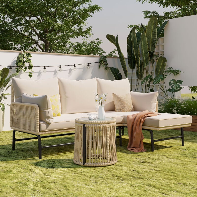 Ensemble de salon de jardin, ensemble de meubles de jardin, salon de jardin avec cadre en fer et housse en corde beige, meubles de jardin d'extérieur