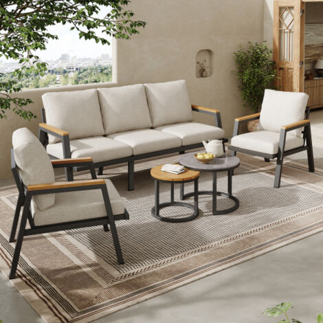 Ensemble de salon de jardin, ensemble de mobilier de jardin avec coussins confortables, canapé 3 places, 2 fauteuils et 2 tables basses, plateau en verre laqué marbré et plateau en bois synthétique