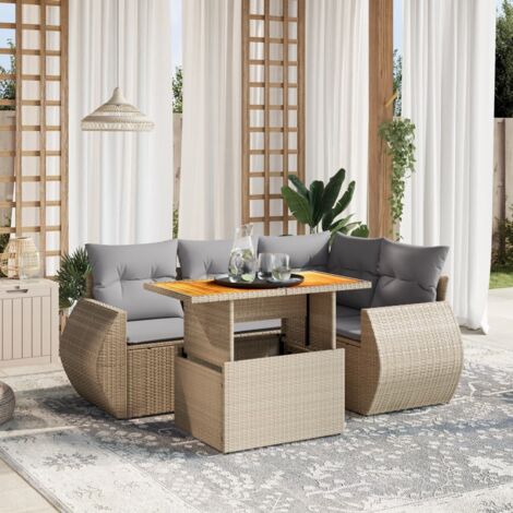 Ensemble de salon de jardin extensible 5 places en résine tressée beige avec coussins gris - Table réglable et modulable