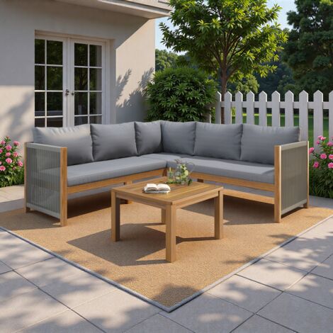 Ensemble de Salon de jardin extérieur en corde 4-5 personnes,canapé d'angle + table basse,structure et plateau en acacia,gris