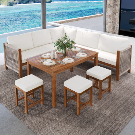 Ensemble de Salon de jardin extérieur en corde 7-8 personnes, canapé d'angle+3 tabourets+1 table,structure et plateau en acacia,beige