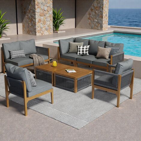 Ensemble de Salon de jardin extérieur en corde 7-8 personnes,canapé d'angle + table basse+fauteuil,structure et plateau en acacia,gris
