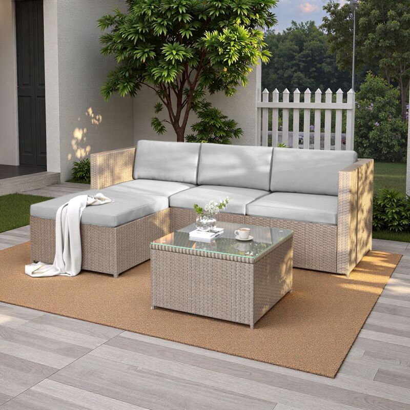 Ensemble de salon de jardin exterieur en polyrotin,canapé d'angle avec coussins d'assise et de dossier,table basse avec plateau en verre,Kaki