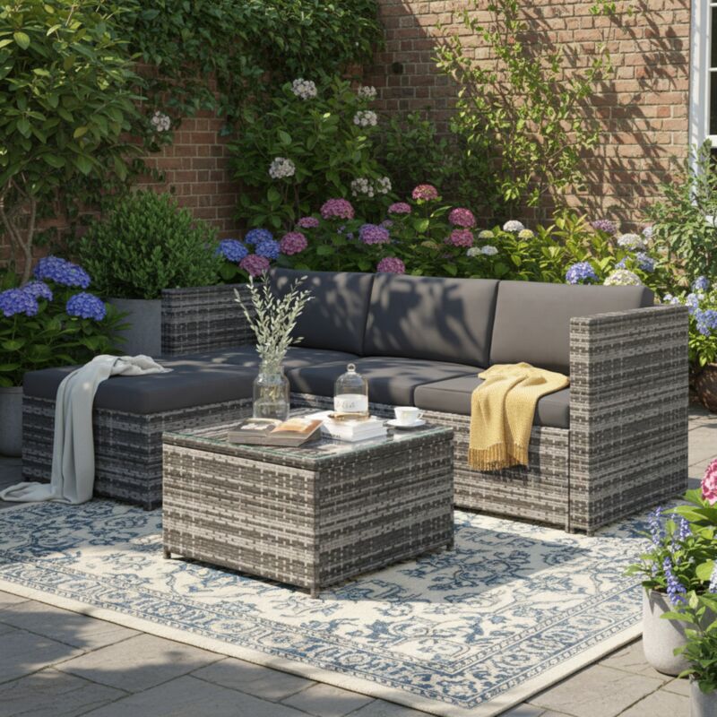 Ensemble de salon de jardin exterieur en polyrotin,canapé d'angle avec coussins d'assise et de dossier,table basse avec plateau en verre,Gris
