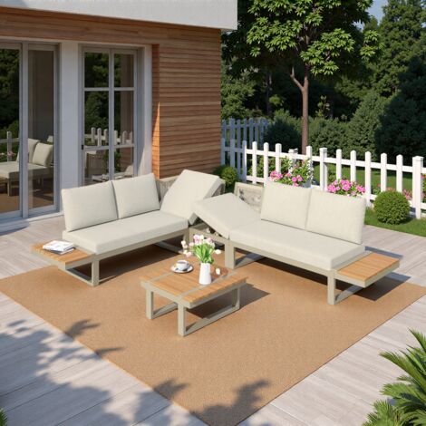 Ensemble de Salon de jardin extérieur,Chaise longue d’angle avec inclinaison réglable avec table basse,plateau en imitation bois,beige