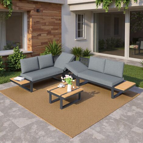Ensemble de Salon de jardin extérieur,Chaise longue d’angle avec inclinaison réglable avec table basse,plateau en imitation bois,gris