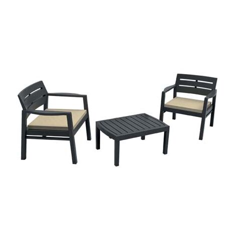 Ensemble de salon de jardin Lombok deux fauteuils avec coussins et une table en re'sine avec des lattes effet bois anthracite