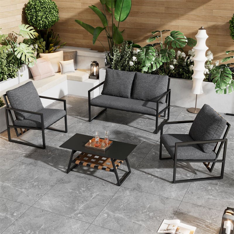 Fortuna Lai - Ensemble de salon de jardin, lot de 4 pièces, table basse +1 banc 2 places + 2 fauteuils, tuyau en acier galvanisé, noir et gris