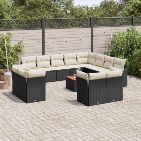 Ensemble de salon de jardin modulable 13 pièces en résine tressée noir avec coussins crème et table en acacia