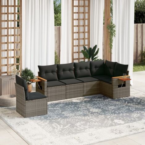 Ensemble de salon de jardin modulable 6 pièces en résine tressée avec coussins gris. Inclut sièges d'angle avec accoudoirs en rotin et acacia, rangement imperméable et tables d'appoint à ressort gaz.