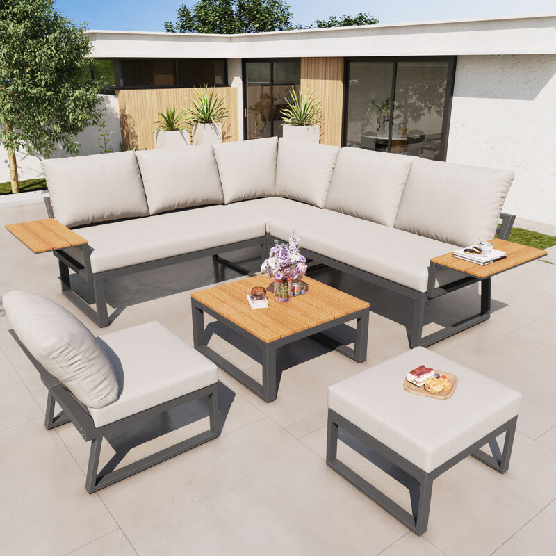 Ensemble de Salon de jardin modulable pour 7 personnes avec dossier réglable,Multiples configurations possibles,Structure en fer,Beige