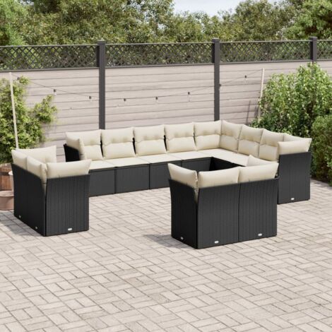 Ensemble de salon de jardin modulaire 12 pièces en résine tressée noire avec coussins blanc crème - 5 sièges centraux et 7 sièges d'angle