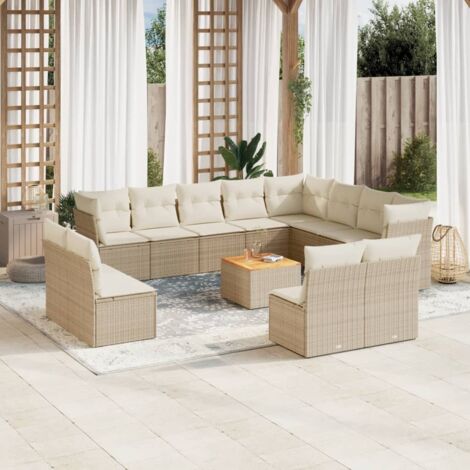 Ensemble de salon de jardin modulaire 13 pièces résine tressée beige bois acacia table coussins lavables stockage intégré